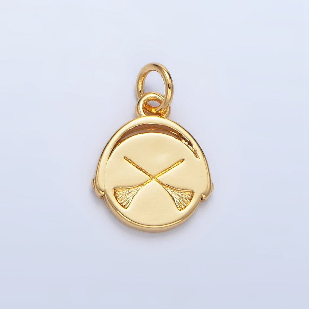 24K Gold Filled 14mm Double Sided Witch Hat Broom Stamped Round Charm in Gold & Silver | X908