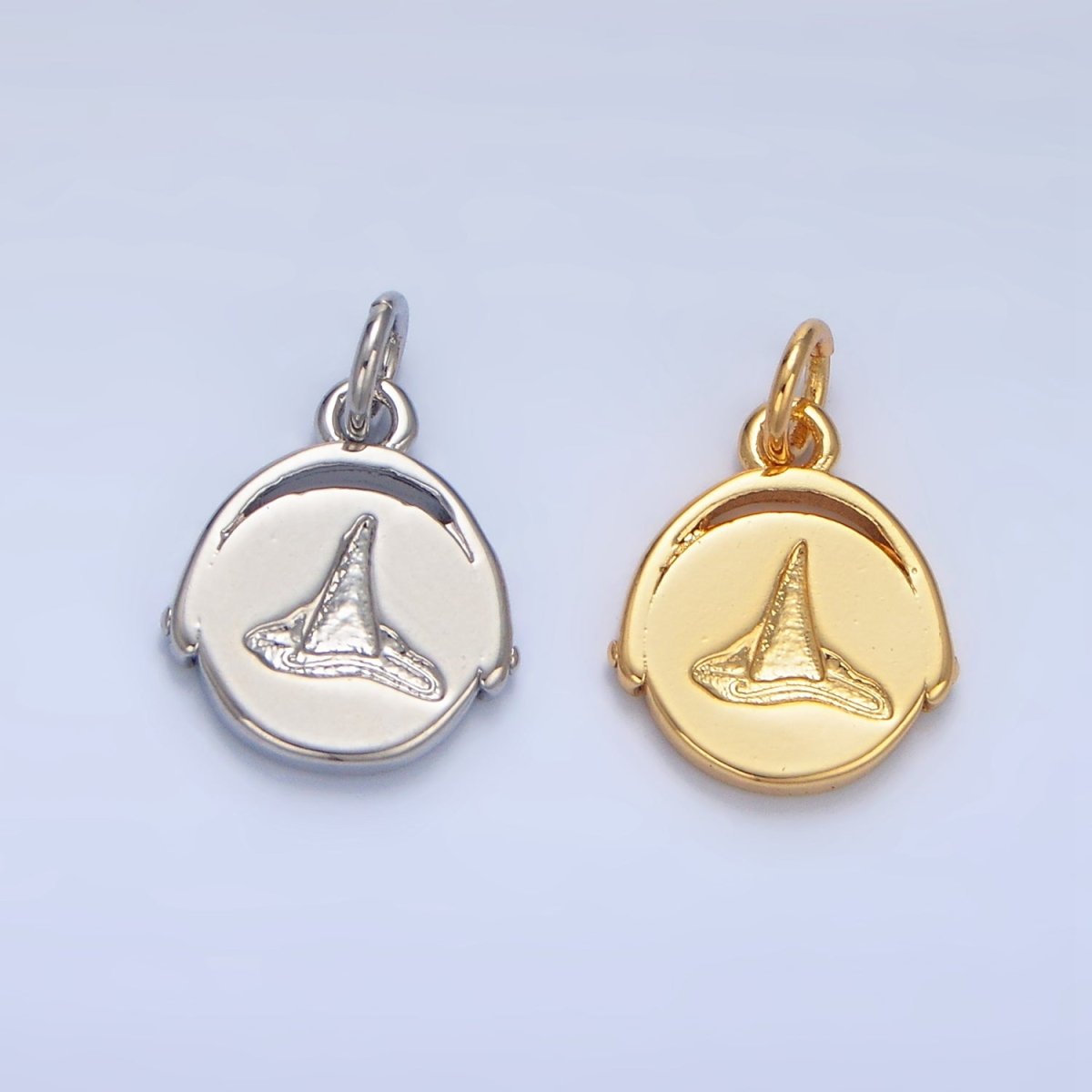 24K Gold Filled 14mm Double Sided Witch Hat Broom Stamped Round Charm in Gold & Silver | X908