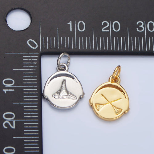 24K Gold Filled 14mm Double Sided Witch Hat Broom Stamped Round Charm in Gold & Silver | X908