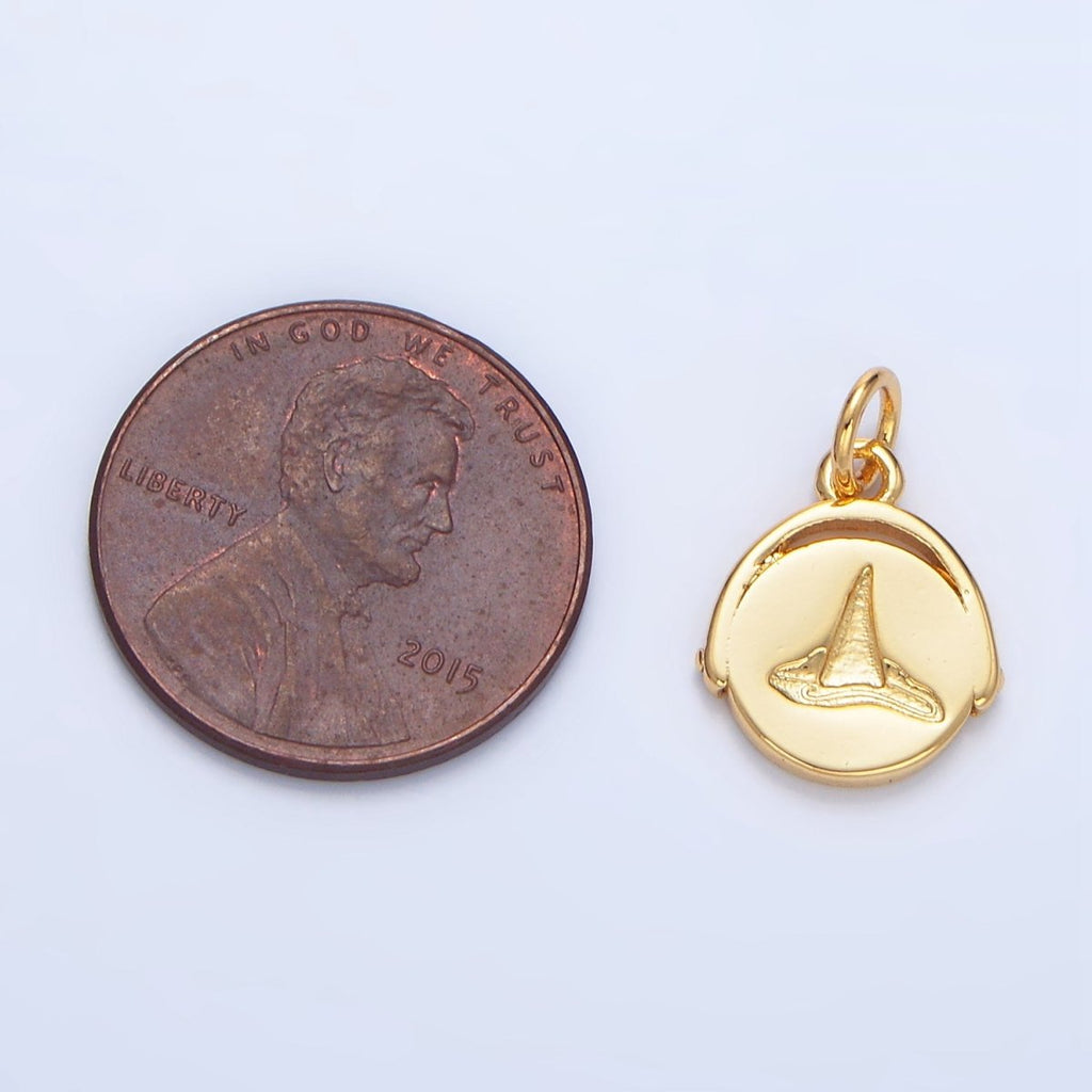 24K Gold Filled 14mm Double Sided Witch Hat Broom Stamped Round Charm in Gold & Silver | X908