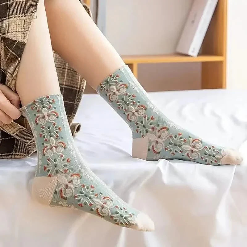 5-Pairs: Flower Geometric 3D Textured Ankle Cotton Blend Cottage Core Lucky Socks