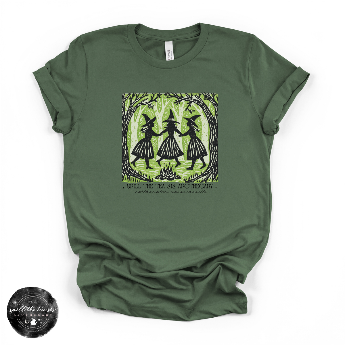 Witches Dancing in the Forest Spill The Tea Sis Tee | Moonlit Coven Graphic T-Shirt